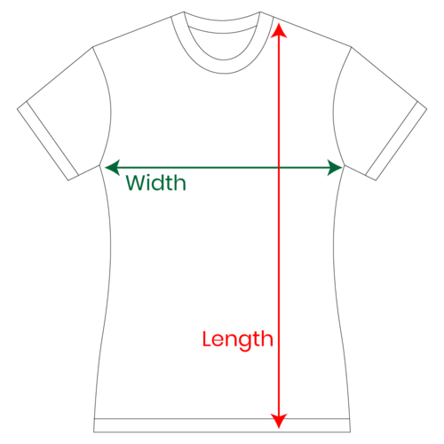 Measurement diagram for the ladies cut: width is measured straight across the chest from armpit to armpit; length is measured from the highest point of the shoulder straight down to the hem