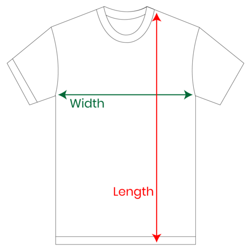 Measurement diagram: width is measured straight across the chest from armpit to armpit; length is measured from the highest point of the shoulder straight down to the hem